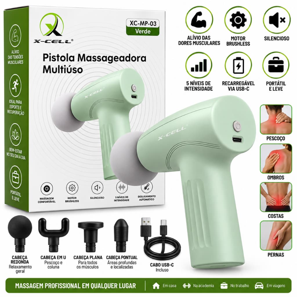 Pistola Massageadora Muscular X-Cell XC-MP-03 Elétrica Portátil Recarregável Massageador Corporal Relaxamento