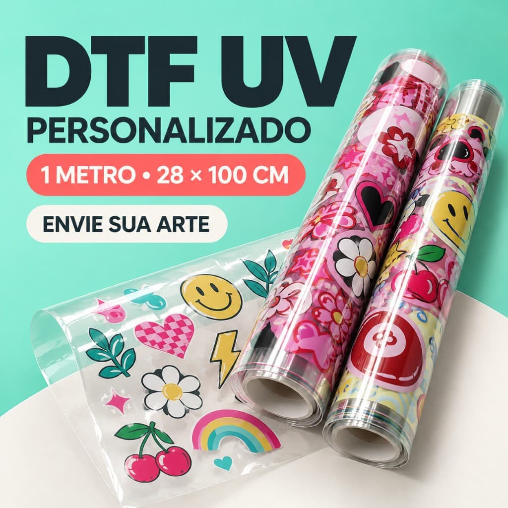 Adesivo DTF UV Personalizado 28x100cm 1 Metro Pronto para Aplicar em Copos Garrafas e Acrílico