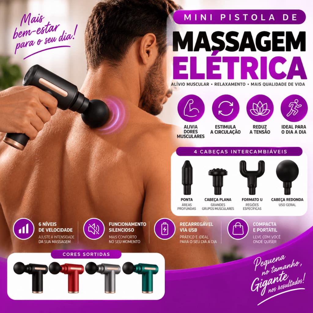 Massageador Elétrico Muscular Portátil 6 Velocidades com 4 Ponteiras Recarregável USB