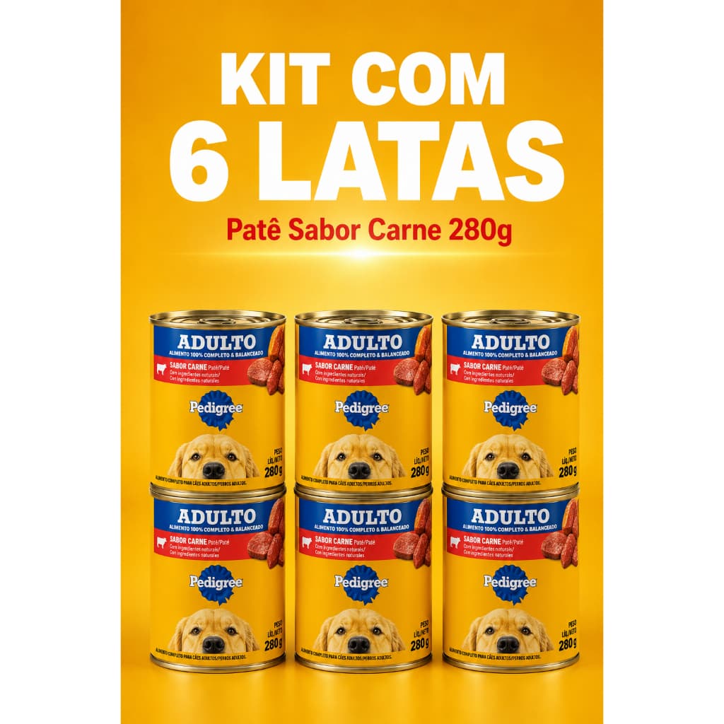 Pedigree Ração Para Caes Combo 6 Latas Sabor Pate De Carne 290g comida Cachorro Pet