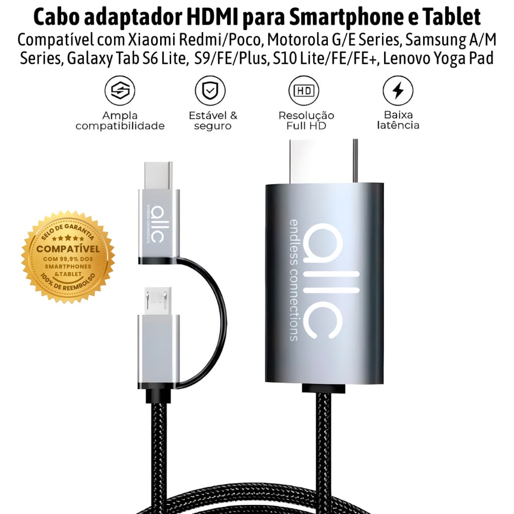 Cabo Adaptador HDMI para Celular Smartphone Tablet Sem MHL LD-39 - Compatível com XIAOMI Samsung  Moto G Realme Pad Tab