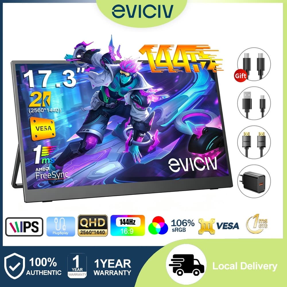 EVICIV Monitor Gamer Portátil 17.3'' 2K 144Hz,106% sRGB,400 Nits, HDR, FreeSync,para Mac, PC, Switch e PlayStation
