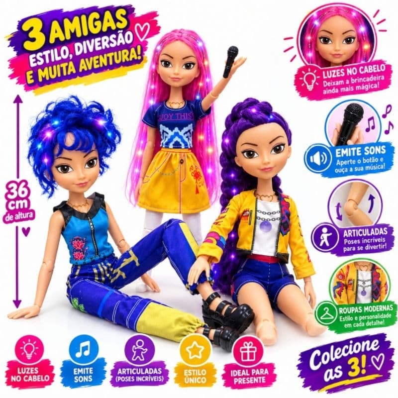 Kit 3 Bonecas kpop Infantis 36cm com Luzes no Cabelo, Emite Sons, Articuladas e Roupas Modernas | Presente Menina