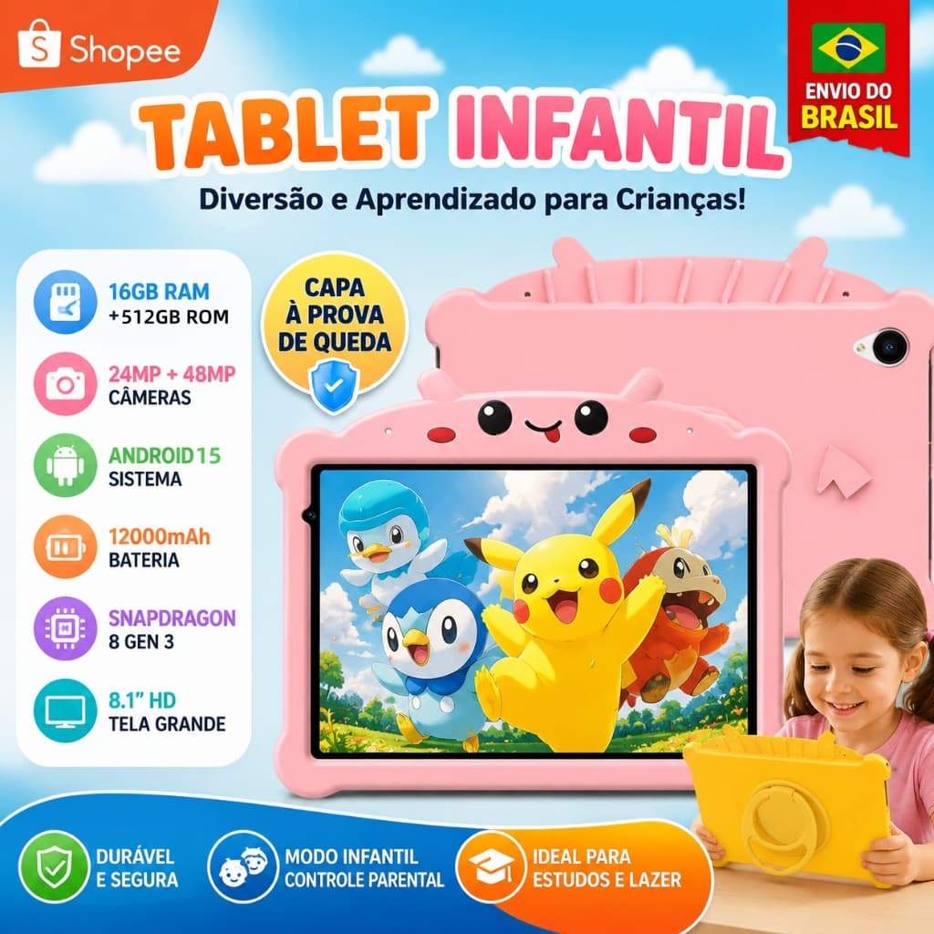 Hancdon TABLET INFANTIL 8.1" HD - Android 16 Snapdragon 8 Gen 3 16GB RAM + 512GB ROM  Câmeras 24MP+48MP Bateria 12000mAh