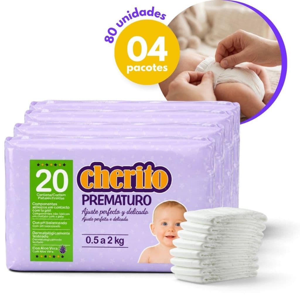 Kit Fralda Cherito Prematuro 80 Unidades 4 Pacotes Fralda Bebê Recém Nascido Descartável