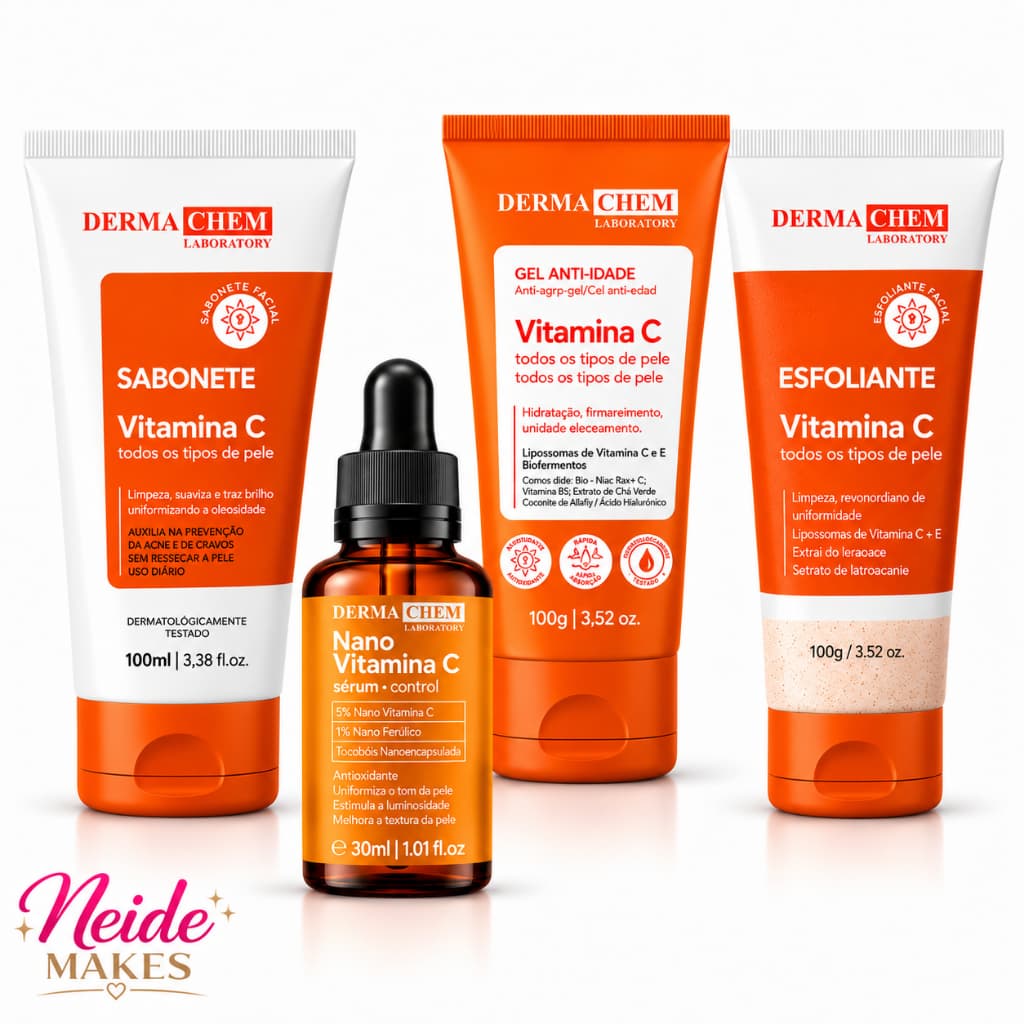Kit Vitamina C Dermachem 4 Itens – Sérum Nano + Gel Anti-Idade + Sabonete Facial + Esfoliante