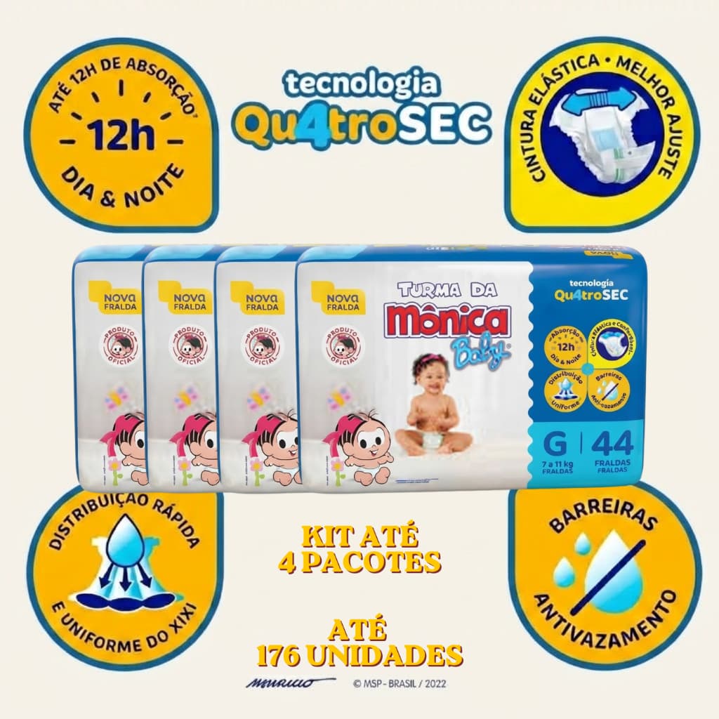 Kit até 4 Pacotes Fralda Turma da Mônica G | 44, 88, 132 ou 176 unidades |  Qu4troSEC | 7 a 11kg
