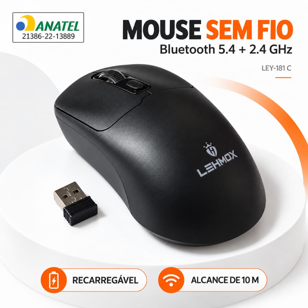 Mouse Sem Fio Bluetooth 5.4 Recarregável Silencioso 1600 DPI USB 2.4GHz Lehmox LEY-181-C