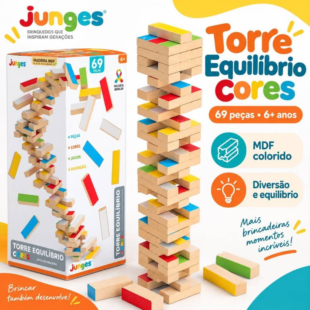 Jogo Torre de Equilíbrio Junges 69 Peças MDF | Estratégia para Família e Amigos 6+ Anos