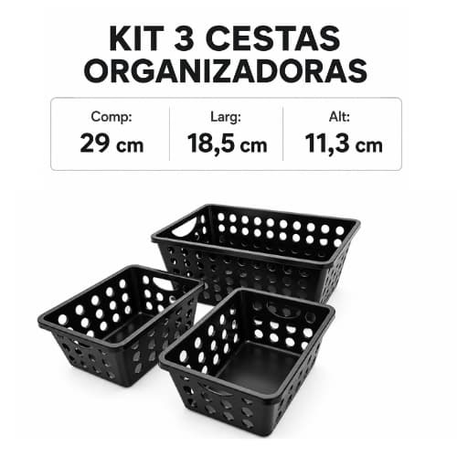Kit 3 Cestas Organizadoras Multiuso Reforçada Praticidade Cozinha Banheiro Quarto Porta Treco