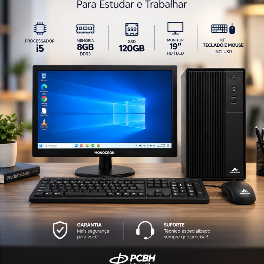 Computador Intel i5, 8GB, SSD 120GB Completo para Trabalhar e Estudar, Windows 10, Office, Monitor e Kit