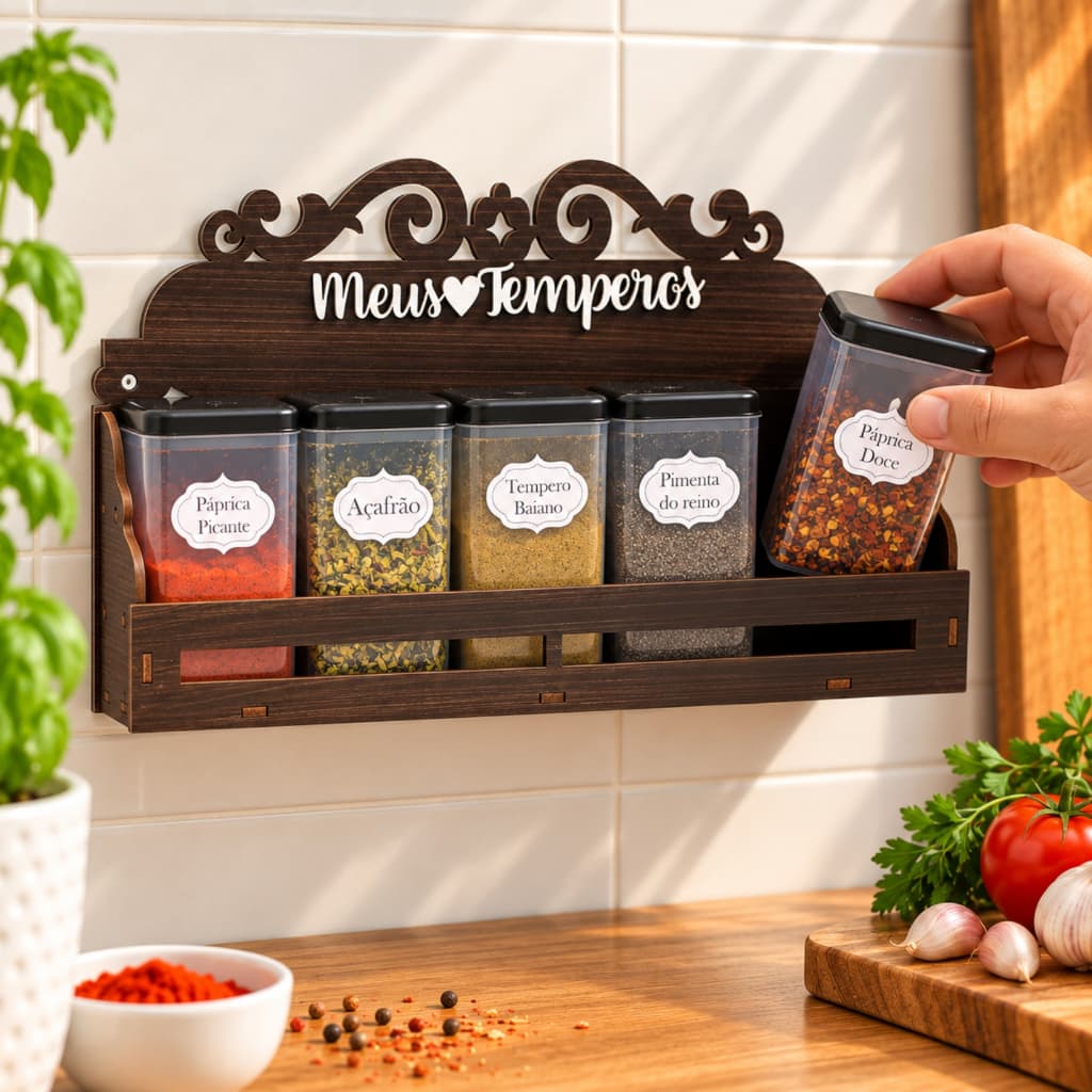 Porta Temperos 5 Potes MDF Organizador de Temperos Condimentos Especiarias para Cozinha Mesa Parede