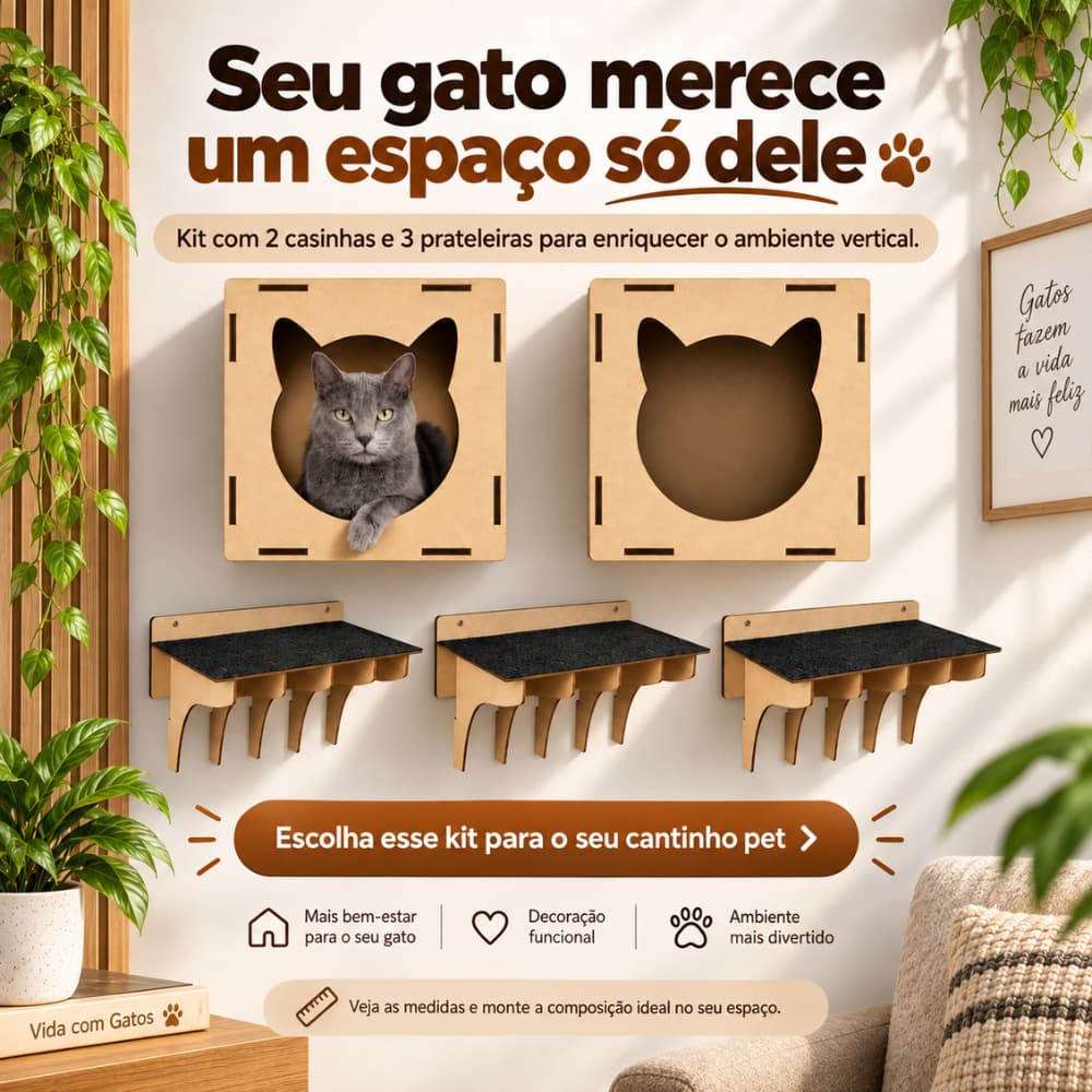 Kit Parede para Gatos 2 Casinhas 3 Prateleiras MDF Carpete Preto