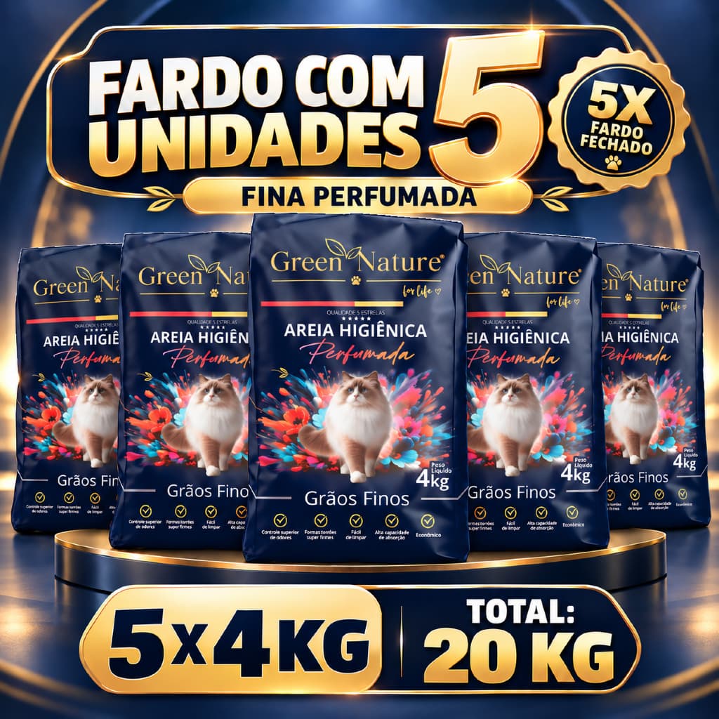 Kit 5 Areia Sanitária Higiênica Mineral para Gatos Fina Perfumada Super Premium 20 kg Green Nature