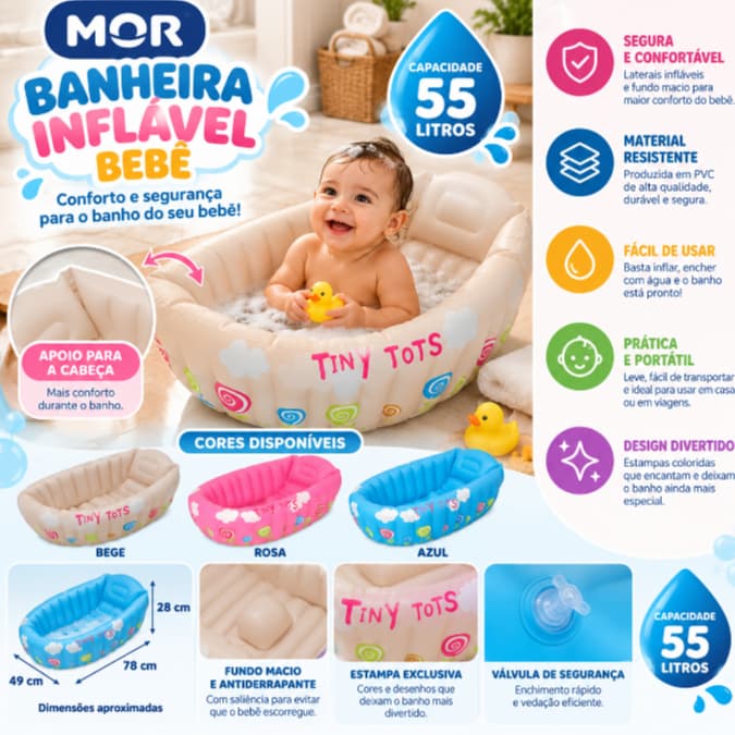 Banheira Bebê Inflável Banho 55L Mor