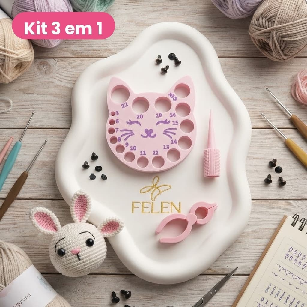 Kit Amigurumi Aplicador de Olhos + Abridor de Pontos + Medidor Agulha Gatinho Crochê Tricô