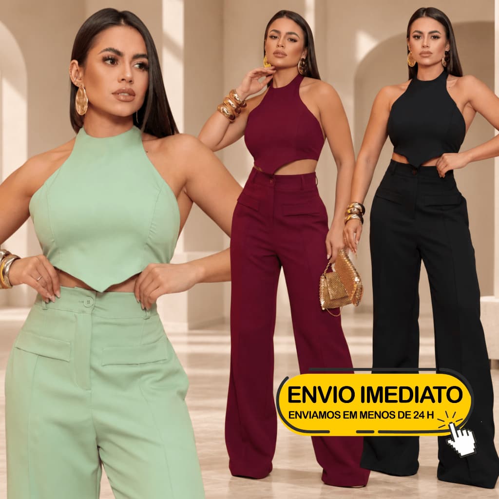 Conjunto em Alfaiataria Feminino Calça Pantalona Social Com Cropped Costas nua Elegante