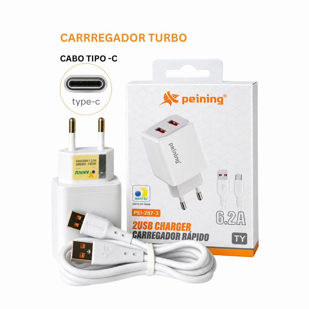 Carregador Celular Rápido com 2 USB Cabo Tipo C Alta Velocidade Aprovado Anatel