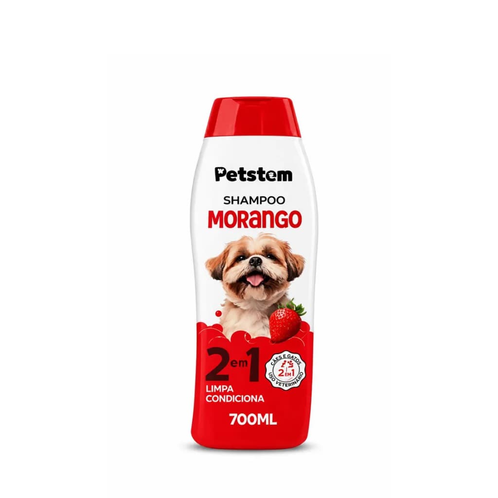 Shampoo Petstem Morango 2 em 1 para Cachorro e Gato 700ml Limpa e Condiciona Banho Pet Cães e Gatos