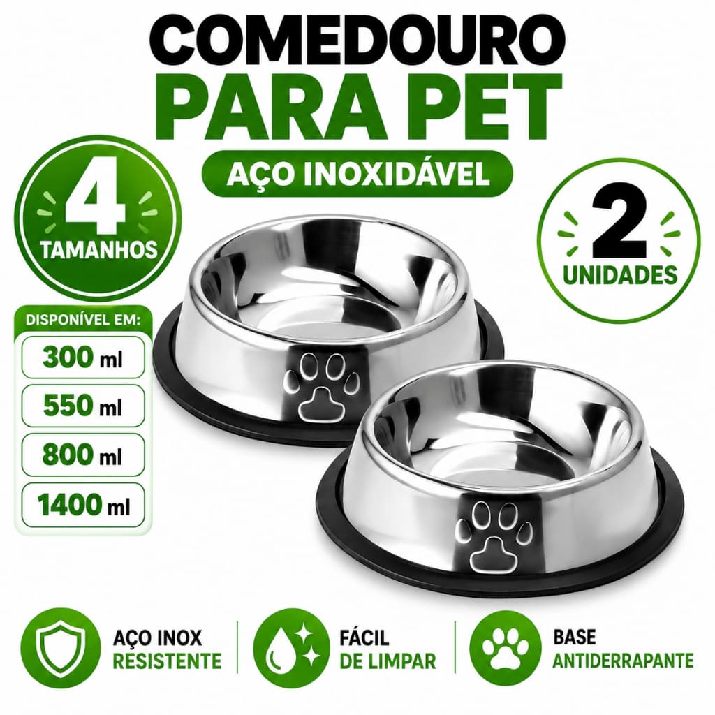 PaPaGo Kit 2 Comedouros Inox 300ml 550ml 800ml 1400ml Pote Ração Inox Cachorro pequeno e médio e todos os tipos de gatos