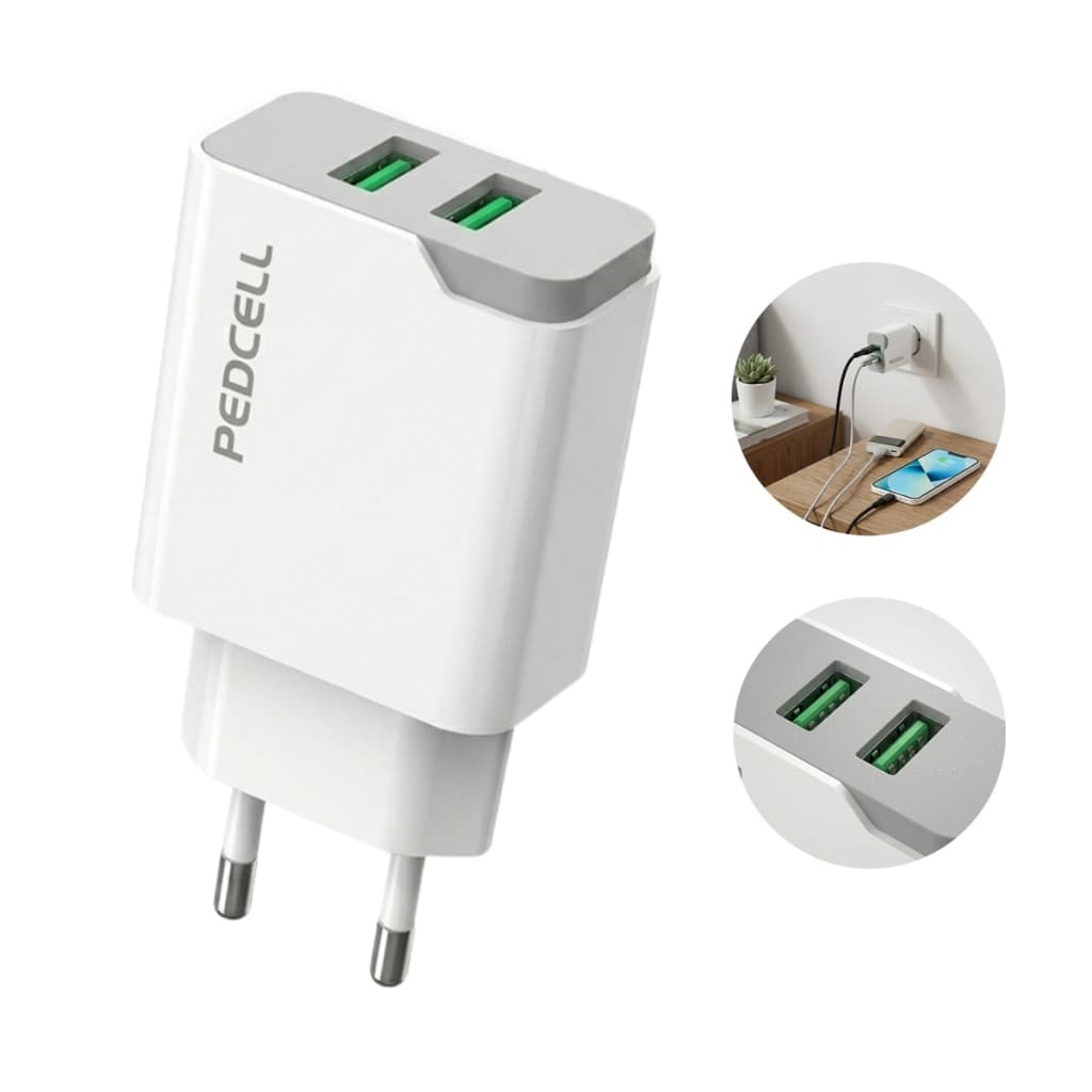 Carregador Turbo Pedcell Duplo 2 Usb Carga Rápida Android Samsung Iphone Xiaomi Ios Tablet Universal Tomada Base Branco