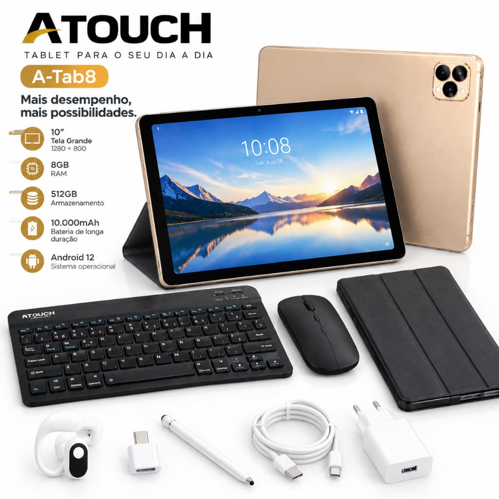 Tablet PC 10.1" Android 12 8GB RAM 512GB ROM Tela Grande WiFi com Teclado Bluetooth Mouse Capa Protetora e Caneta Touch