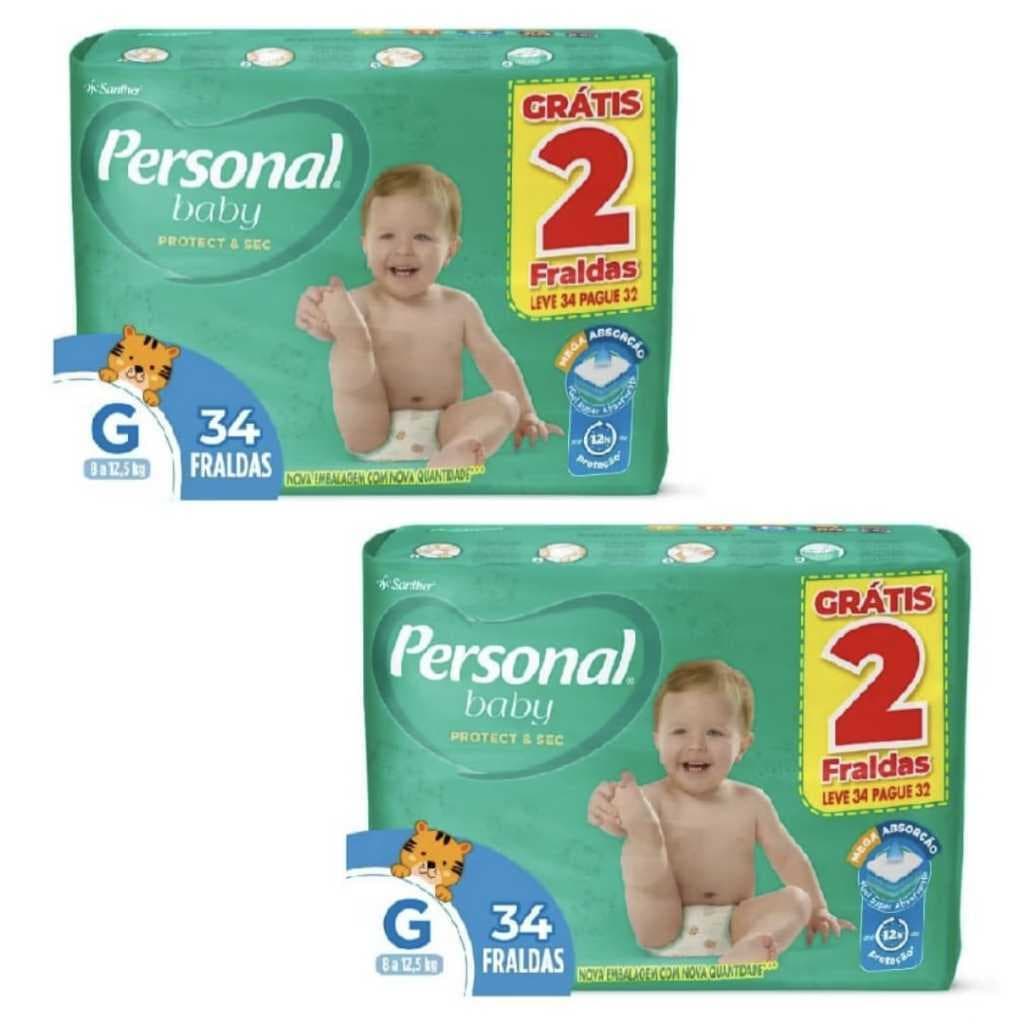 Kit 2 Personal Baby Fralda Descartável G 8 a 12,5kg | 32+2 Grátis Cada Pacote | Proteção e Absorção