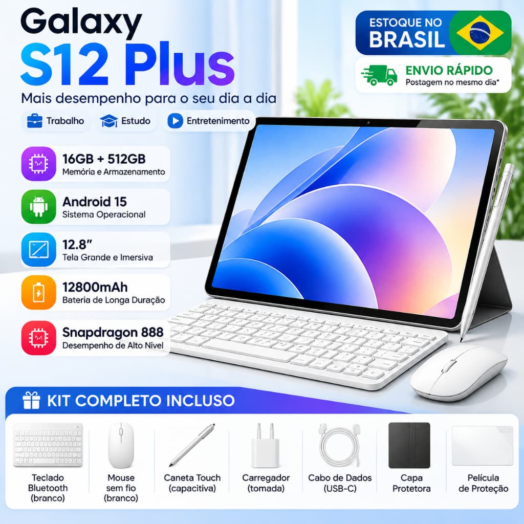 Tablet Galaxy S12 Plus 12.8" 16GB 512GB Android 15  FHD Screen Snapdragon 888 com Kit Completo