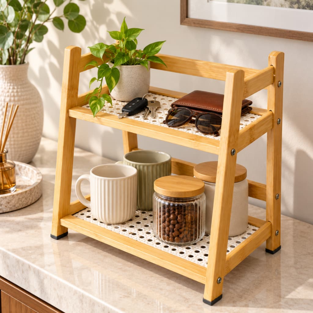 Organizador Multiuso Com 2 Andares Bambu Prateleira Organizador Multiuso Bambu Cozinha.
