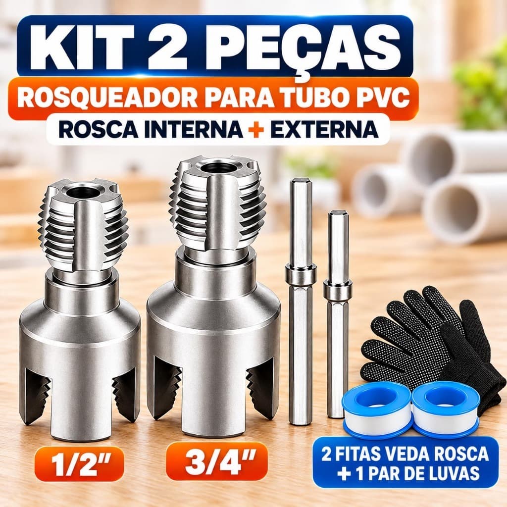 Kit 2 Peças Rosqueador para Tubo PVC 1/2 e 3/4, Rosca Interna e Externa, Encaixe 1/4 para Furadeira/Parafusadeira