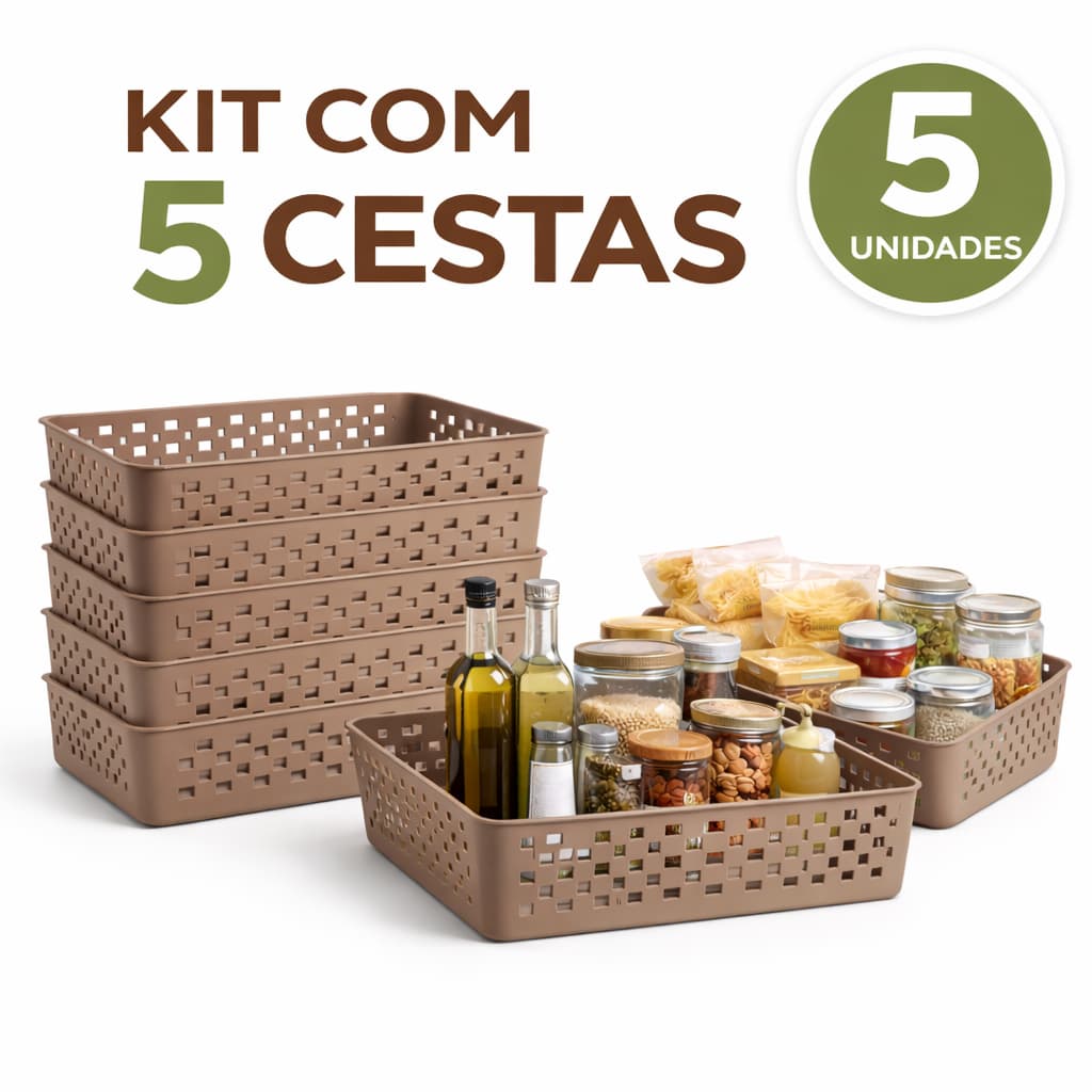Kit 5 Cesto Organizador Multiuso 5,5 Litros - Lavanderia Retangular Cozinha Banheiro Armário Gaveta