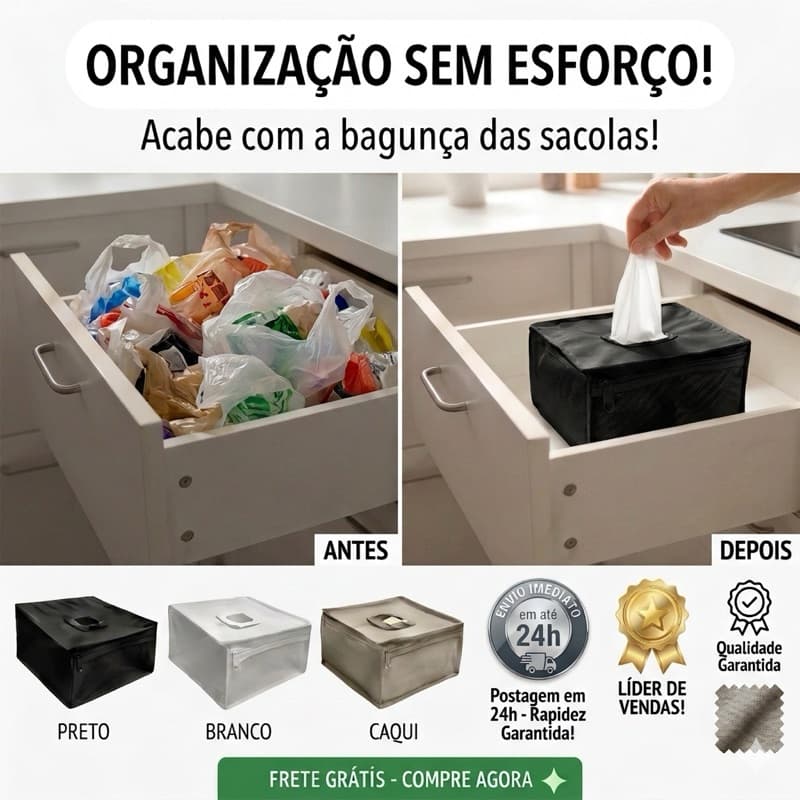 Organizador de Sacolas Puxa Saco para Gaveta Cozinha Lavável Reforçado Multiuso Dispenser de Sacos de Lixo Preto