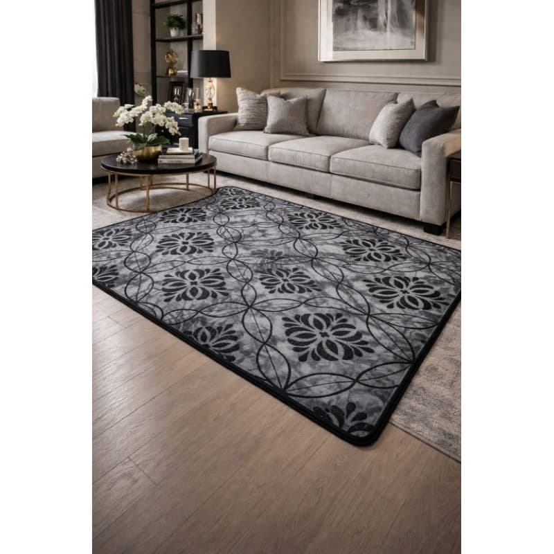 Tapete sala 1,50x1,00 Moderno Antiderrapante macio decorativo floral Cinza luxo para sala e quarto
