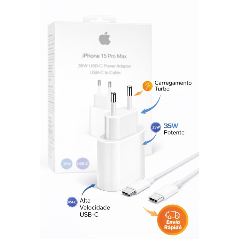 Carregador Turbo 35W USB-C + Cabo Tipo C | Carregamento Rápido iPhone 15 16 17 E Android | Fonte Potente Envio Rápido