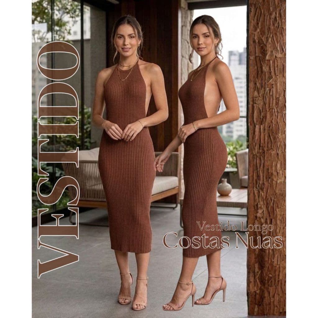 Vestido Midi Feminino Tricot Canelado Cordão Com Amarração Frente Única Costas Nuas Elegante Verão