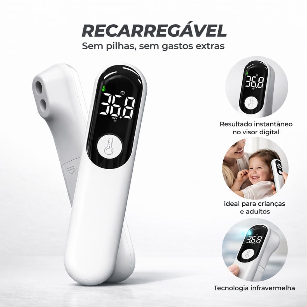 Termômetro Infravermelho Digital Sem Contato Recarregável USB Medição Rápida e Precisa Tela LCD