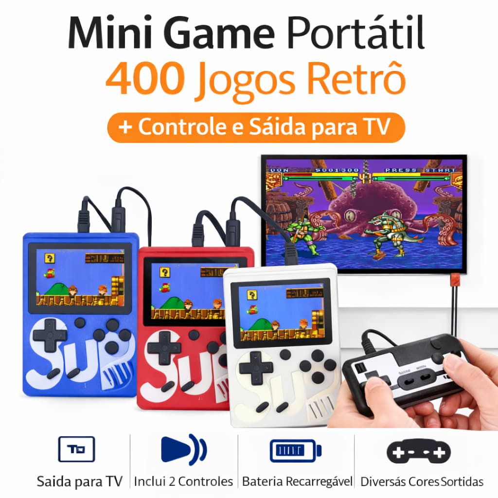 Mini Game Portátil 400 Jogos com Controle Saída TV Retrô Vídeo Game Portátil Tela 3.0