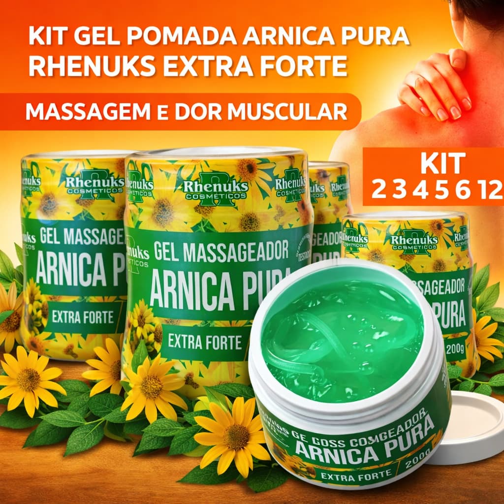 Kit Gel Pomada Arnica Pura Rhenuks Extra Forte 200g Massagem e Dor Muscular Kit 2 3 4 5 6 12