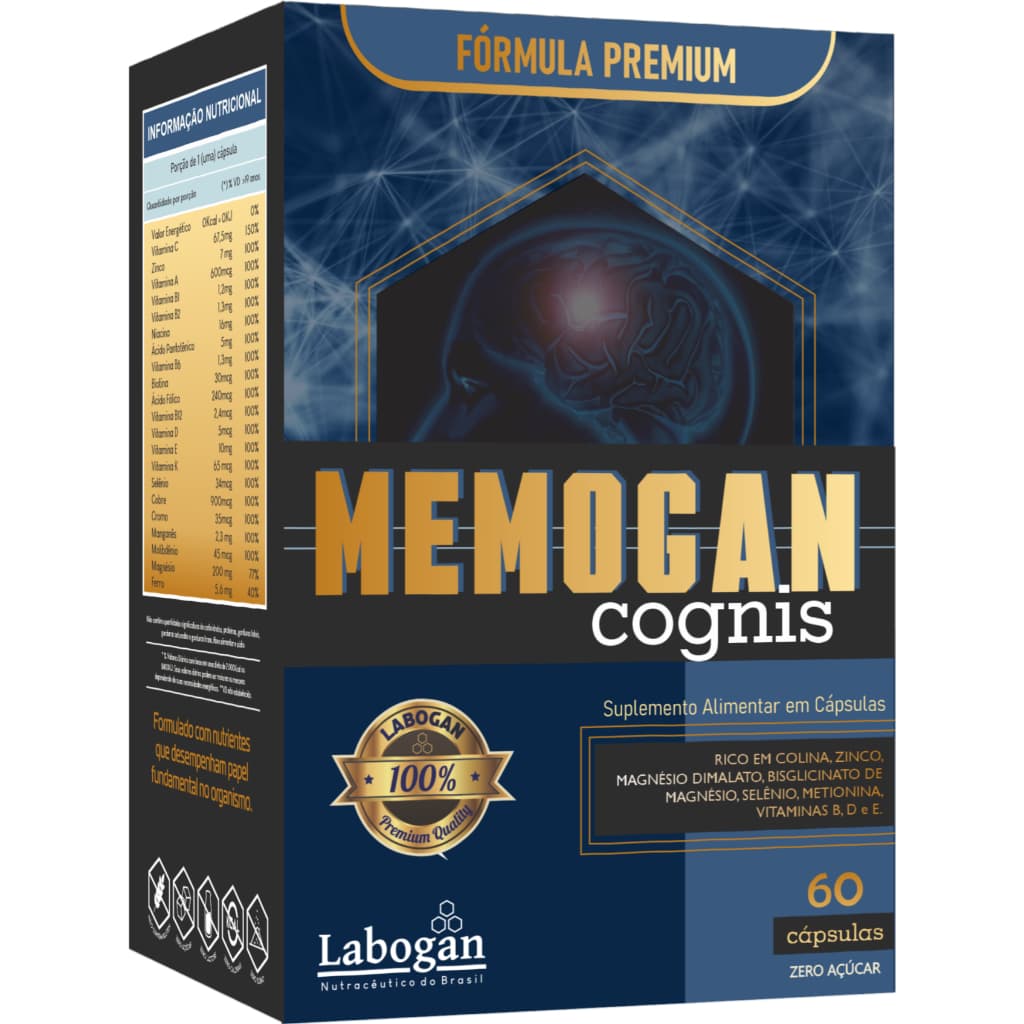 Memogan Cognis 60 Cápsulas Suplemento para Memória e Concentração Cafeína Colina Magnésio Vitaminas