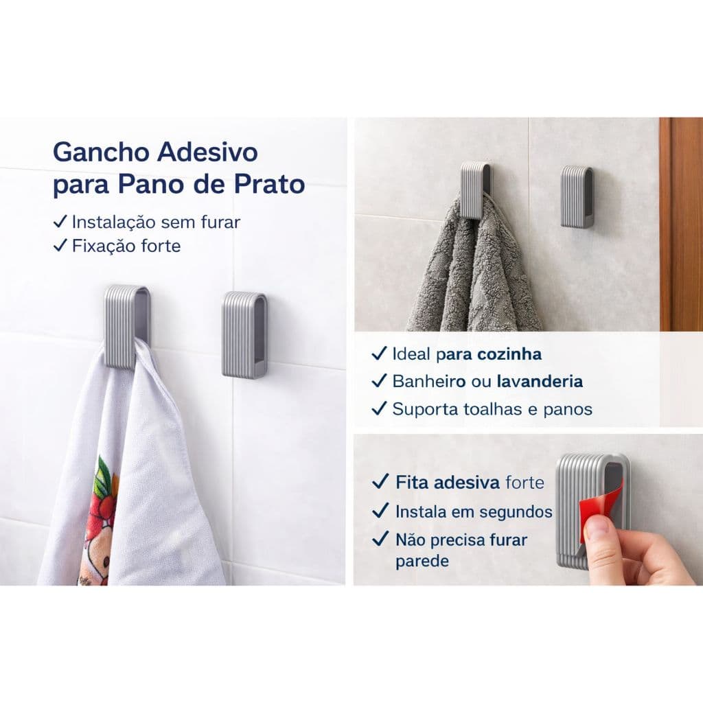 Kit 2 Ganchos Adesivos para Pano de Prato e Toalhas com Fita Forte Suporte de Parede para Cozinha Banheiro e Lavanderia