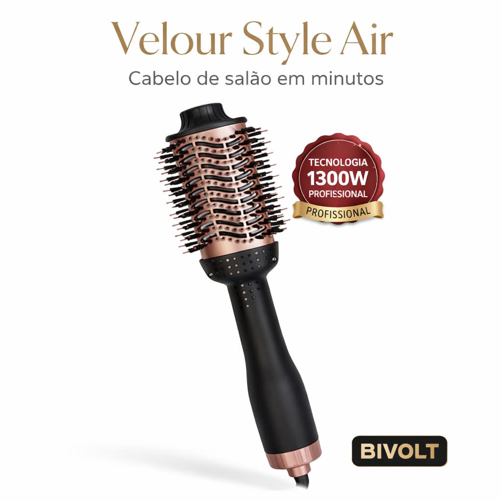 Escova Secadora Modeladora Velour Style Air 1300W Bivolt Profissional Anti Frizz Seca e Alisa Rápido