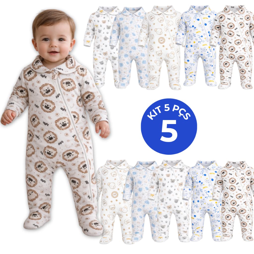 Kit 5 Macacão Menino Longo Bebê Ribana Estampada Algodão com Zíper Menina Enxoval Maternidade