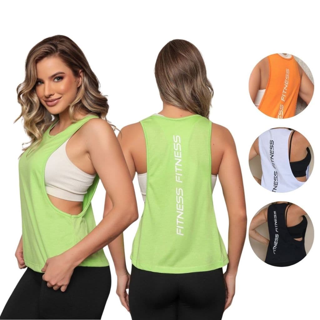 Blusa Camiseta Regata Fitness Feminino Cavada Estampada Costas Roupa Feminina Academia Treino