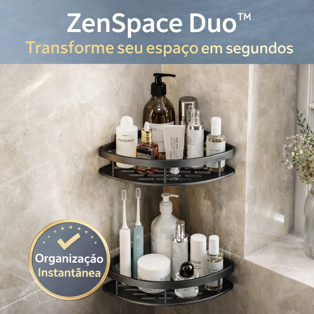 Prateleira de Canto Banheiro Sem Furo Kit 2  - Organizador Multiuso Cozinha Parede Resistente ZenSpace Duo™