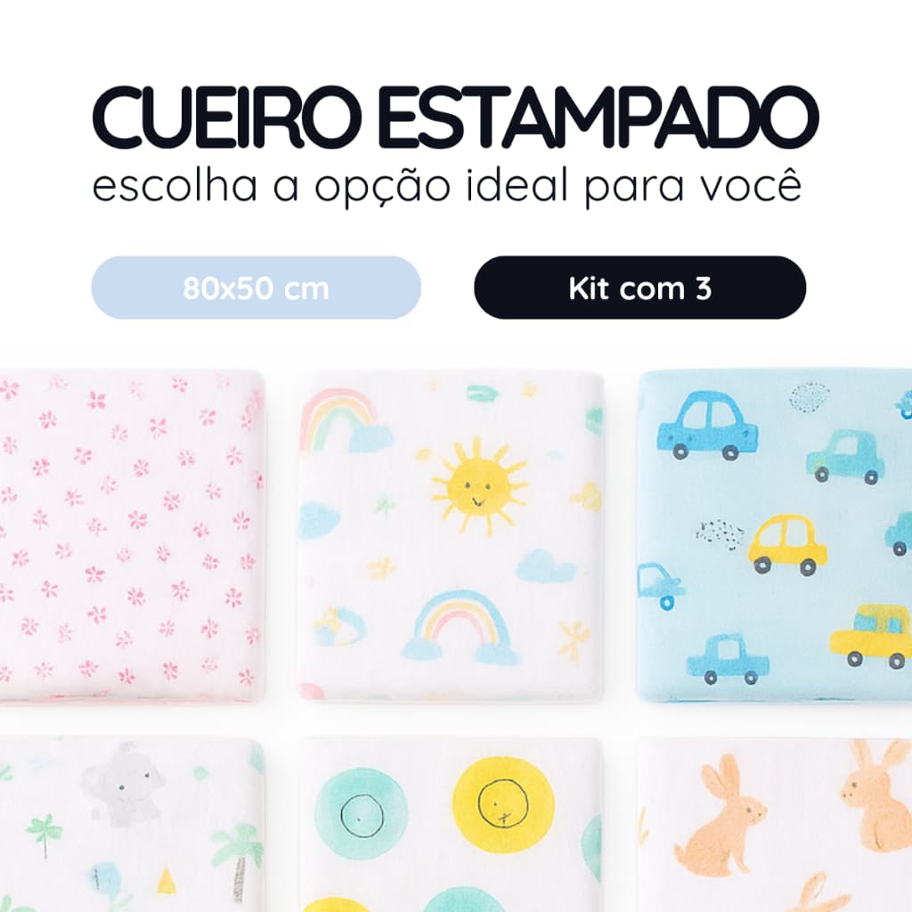 Kit com 3 Unidades Cueiro Bebê Estampado 80x50cm - 100% Algodão, Enxoval, Menino,  Menina, Unissex