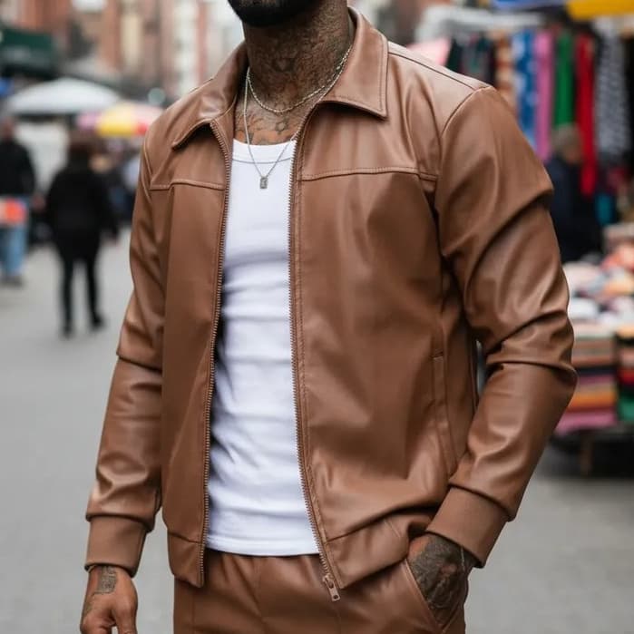 Jaqueta Courino Lacapa Streetwear Bomber Masculina Com Ziper Estilo Europeu Premium Jaqueta Marrom