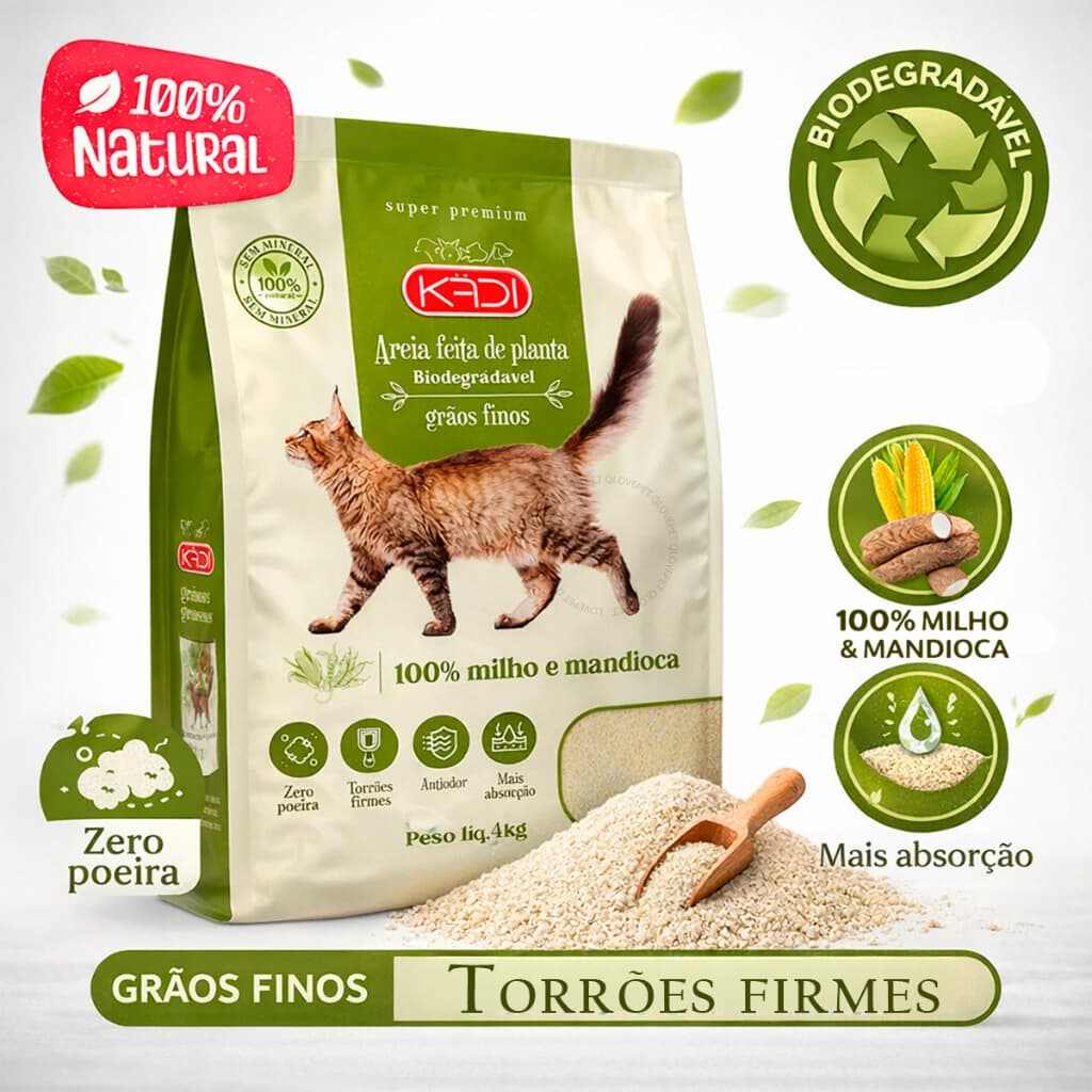 Kits Areia Biodegradável Kadi 4Kg Mandioca Milho Grãos Finos Sanitária Natural Gatos