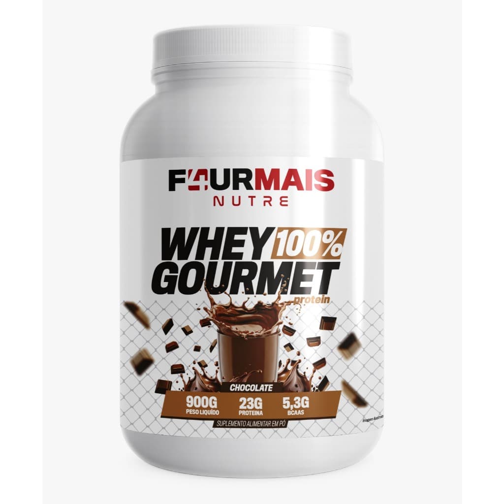 Whey Protein 100% Gourmet 900g F4URMAIS – 23g Proteína + 5,3g BCAA –  Sabor Chocolate - Alta Performance