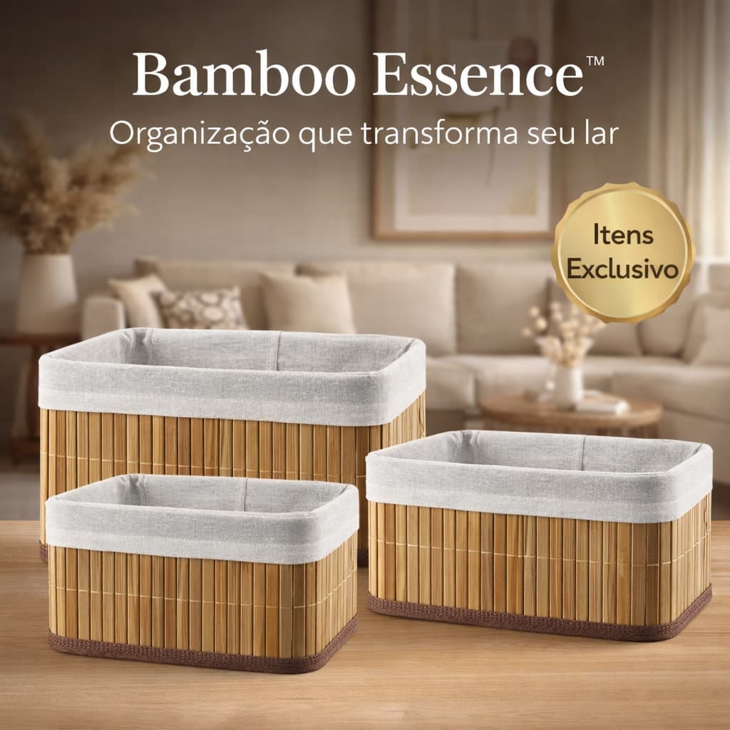Kit 3 Cestos Organizadores Bambu Natural Multiuso Bamboo Essence™ Decorativo Premium Casa Cozinha Banheiro