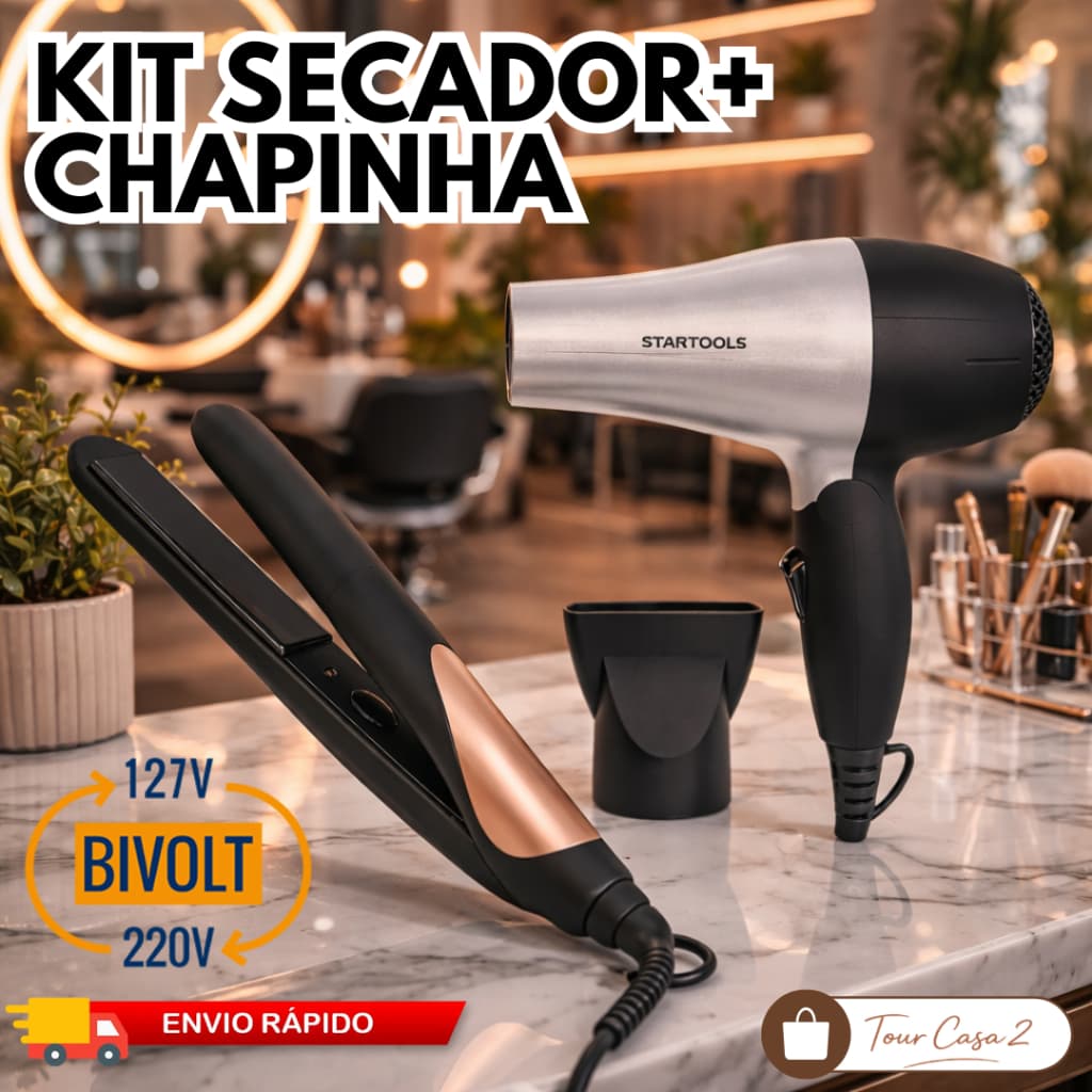 Kit Secador + Chapinha Profissional Bivolt Prancha Cabelo Alisar Portátil Salão Barbearia Cabelo